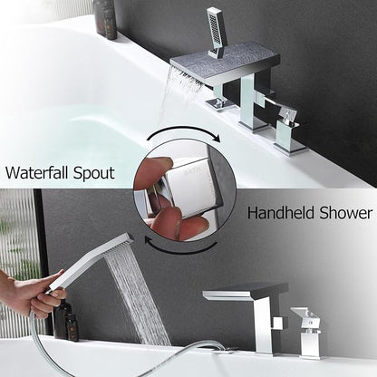 Waterfall Roman Tub Faucet with Hand Shower, Deck Mount Tub Filler Bathtub Faucet with Sprayer, Brass Widespread 3 Hole Bathtub Shower Faucet Set, Chrome