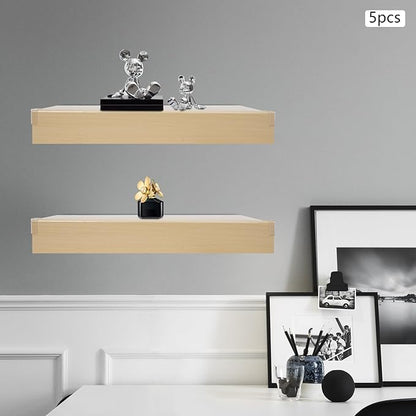 33 Inch Floating Shelves for Wall, 16 Inch Deep Hanging Shelf, Large Display & Storage Shelf for Bathroom, Bedroom, Living Room, Set of 5 (Light Wood Color, 24 Inch)