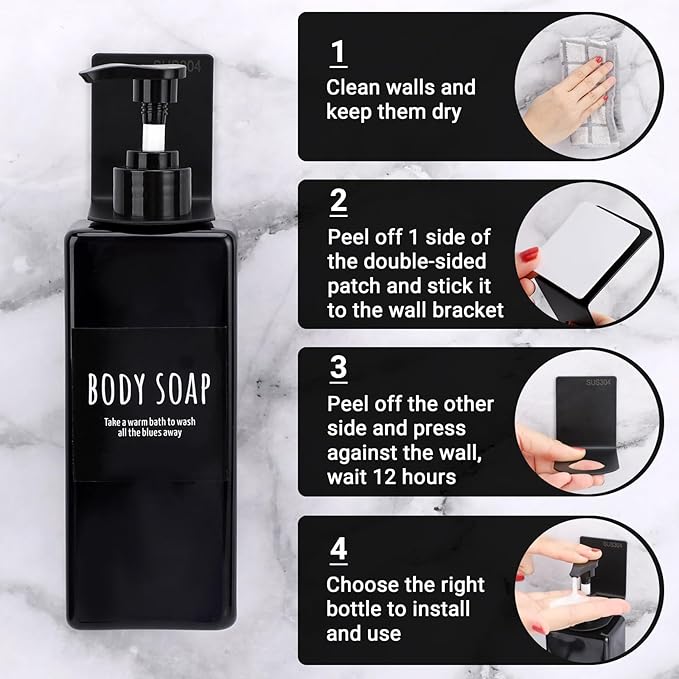 Segbeauty Adhesive Bottle Holder for Soap Dispenser, 3pcs 1.1inch 2.8cm Drill-Free Shower Shampoo Holder, Stainless Wall Mounted Hanging Rack for Hotel Toilet Kitchen, Black