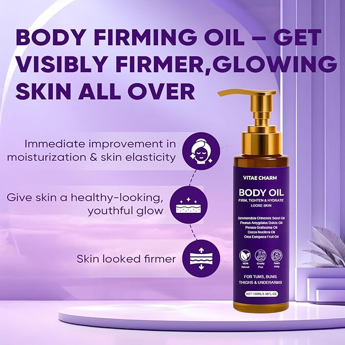 Vitae Charm Body Oil, Luxury Body Oil for Crepe Skin, Firming Tightening & Hydrating Body Serum with Vitamin E and Sweet Almond Oil, Smooths Skin for Women