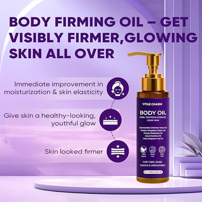 Vitae Charm Body Oil, Luxury Body Oil for Crepe Skin, Firming Tightening & Hydrating Body Serum with Vitamin E and Sweet Almond Oil, Smooths Skin for Women