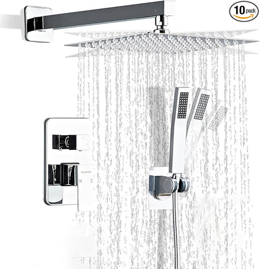 10 Inch Polished Chrome Shower Faucet Set with Rain Shower Head and Handheld Spray, Wall Mounted Rainfall Shower Head with Handheld Combo, Bathroom luxury Shower System with Valve and Trim