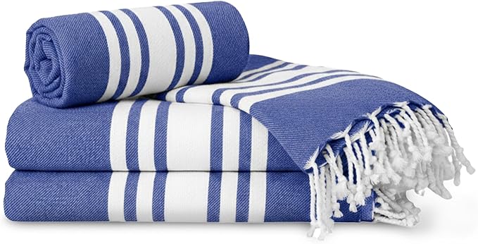 Turkish Cotton Beach Towel Pack of 4 & 1 Boho Tote Bag - Hammam Towels - No Shrink - Quick Dry - Lightweight - Sand Free - Camping - Pool - Tanning - Beach Essentials - Dark Blue (40"x70")