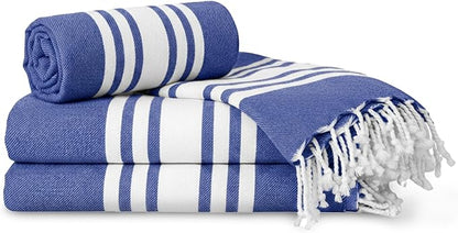 Turkish Cotton Beach Towel Pack of 4 & 1 Boho Tote Bag - Hammam Towels - No Shrink - Quick Dry - Lightweight - Sand Free - Camping - Pool - Tanning - Beach Essentials - Dark Blue (40"x70")