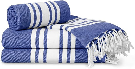 Turkish Cotton Beach Towel Pack of 4 & 1 Boho Tote Bag - Hammam Towels - No Shrink - Quick Dry - Lightweight - Sand Free - Camping - Pool - Tanning - Beach Essentials - Dark Blue (40"x70")