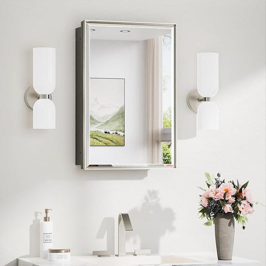 TokeShimi 16x24 Beveled Mirrored Medicine Cabinet Wall Mounted or Recessed Medicine Cabinet with Mirror for Bathroom Brushed Nickel, Aluminum Framed Metal Mirror with Storage Adjustable