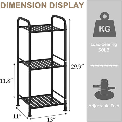 JSB 3 Tier Narrow Bathroom Shelving Unit, Kitchen Storage Rack Organizer Metal Corner Shelf for Living Room Laundry Pantry (Matte Black, 3 Tier)
