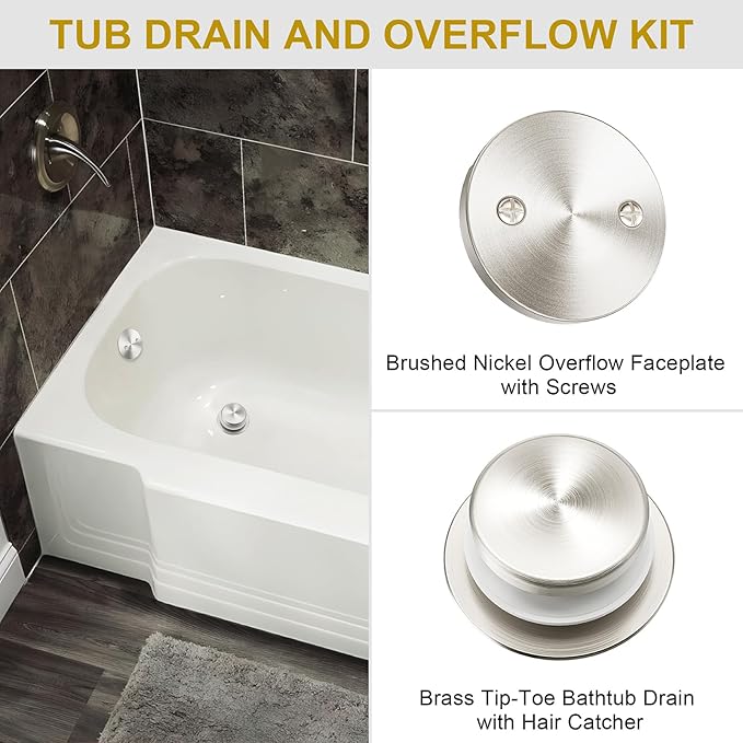 Brushed Nickel Bathtub Drain Stopper and Overflow Kit, Solid Brass Tip-Toe Bath Tub Drain with Hair Catcher - Universal Coarse/Fine Thread, Bathroom Bathtub Plug Replacement, 11.5/16 UNC