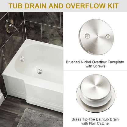 Brushed Nickel Bathtub Drain Stopper and Overflow Kit, Solid Brass Tip-Toe Bath Tub Drain with Hair Catcher - Universal Coarse/Fine Thread, Bathroom Bathtub Plug Replacement, 11.5/16 UNC