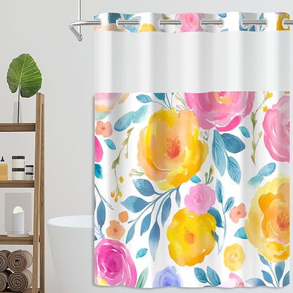 No Hook Shower Curtain Set with Snap in Fabric Liner for Bathroom,with See Through Top Window,Double Shower Curtain with Detachable Liner Replacement,Machine Washable,Rich Flower,71"x 74"