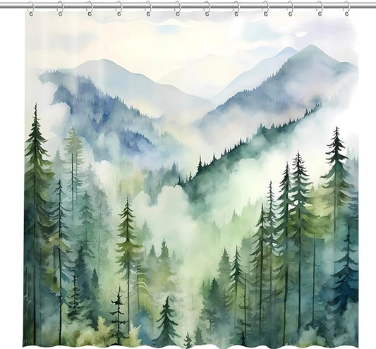 Coveted Goods Mountain Forest Shower Curtain 72” x 72”, Waterproof Polyester, Misty Pine Tree Landscape, Includes Grommets and Hooks, Machine Washable Nature-Inspired Bathroom Decor