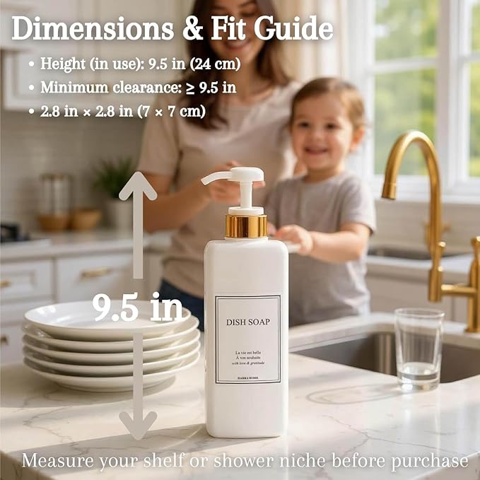 Modern Gold Design Shampoo and Conditioner Dispenser, Large 27oz Shower Soap Dispenser, Set of 3 Refillable Empty Plastic Pump Bottles for Bathroom and Body Wash (6 Waterproof Labels Included), White