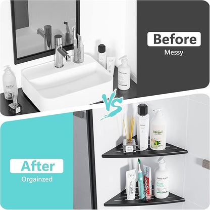 Corner Shower Shelf Matte Black, 304 Stainless Steel 11.5” Recessed Corner Shelf Bathroom for Tiled Wall, Floating Shower Shelves Shampoo Holder, No Drilling, 2 Pack
