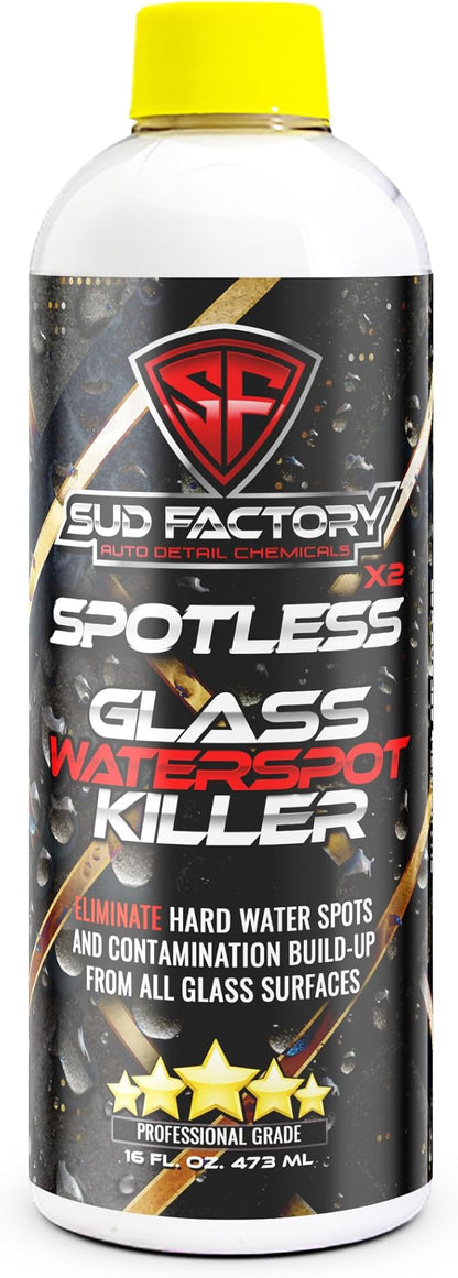 Sud Factory Hard Water Spot Remover for Glass Spotless X2 - Removes Water Stains from Shower Doors, Car Windows, Windshields - Professional Strength 16oz