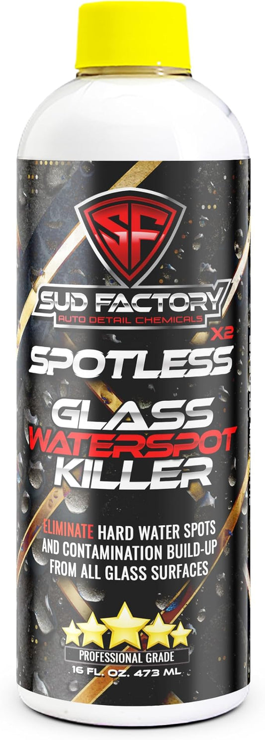 Sud Factory Hard Water Spot Remover for Glass Spotless X2 - Removes Water Stains from Shower Doors, Car Windows, Windshields - Professional Strength 16oz
