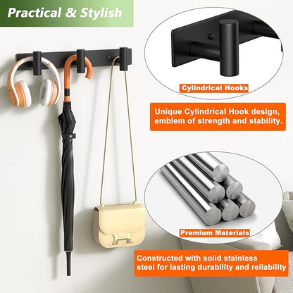 Coat Rack Wall Mounted-3 Hooks,Heavy Duty Stainless Steel Wall Hooks for Towel Coat Bag, Hat Rack Coat Hanger Coat Hooks Towel Racks for Bathroom Entryway Kitchen Hotel Office (Black, 2 Packs)
