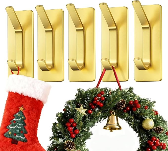 Auxmir 5 Pack Self Adhesive Hooks for Hanging 15lb, Wreath Hanger for Front Door, Stainless Steel Towel Hooks for Wall, Waterproof Rustproof Adehesive Coat Hooks for Bathroom Kitchen Office RV, Gold