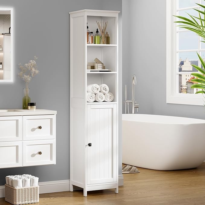 RRX Tall Bathroom Storage Cabinet,Slim Cabinet with Door &Shelf,13.8" L*12.6" W*63.4" H,Freestanding Narrow Cabinet with Anti-Tip,Storage for Kitchen,Entryway (Pure White)
