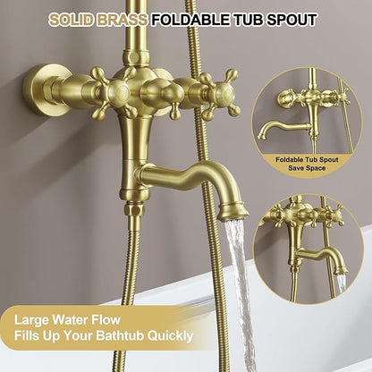Exposed Shower System Brushed Gold,Antique Brass Shower Faucet Set with 8 Inches Rainfall Shower Head Vintage,Outdoor Shower Fixture with Foldable Tub Spout