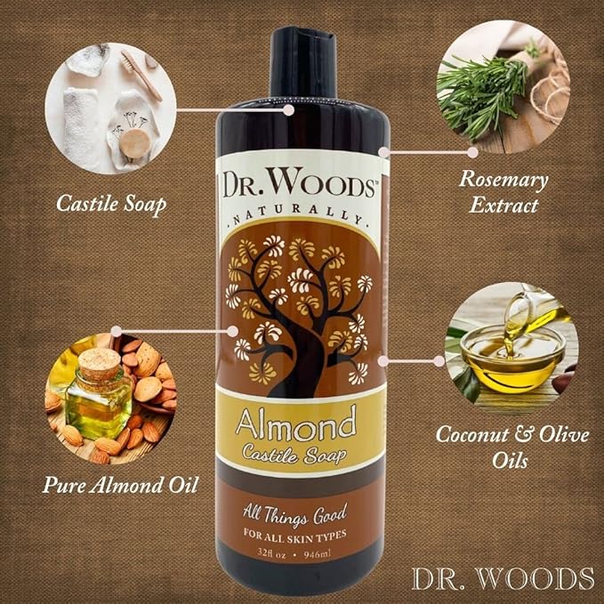 Dr. Woods Pure Almond Oil Liquid Castile Soap - Natural Cleansing for Face, Hands, and Body, for Men and Women - 32 Fl Oz, Pack of 2