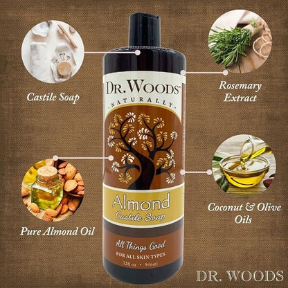 Dr. Woods Pure Almond Oil Liquid Castile Soap - Natural Cleansing for Face, Hands, and Body, for Men and Women - 32 Fl Oz, Pack of 2