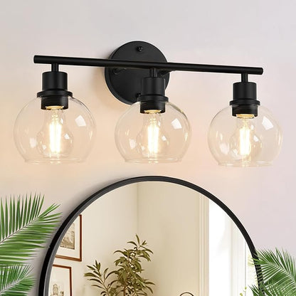 2025 Upgrade 3-Light Bathroom Light Fixtures, Black Bathroom Lights Over Mirror with Clear Glass Globe Shade, Vanity Lights for Bathroom Kitchen Living Room Hallway Cabinet Bedroom Porch.