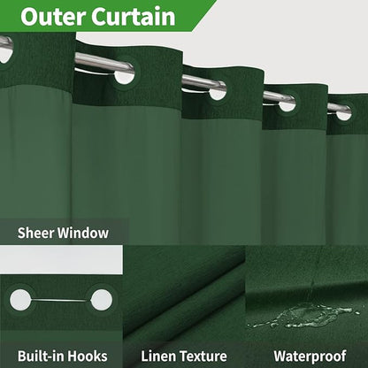 No Hooks Needed Linen Textured Shower Curtain with Snap-in Fabric Liner Set,Hotel Luxury Decor Shower Curtains for Bathroom with Mesh Top Window,Waterproof & Washable,71Wx74H,Emerald Green