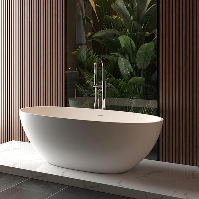 65" Resin Stone Freestanding Bathtub, Soaking Tub, Ergonomic Design, Easy Installation for Modern Spa Bathrooms, Matte White