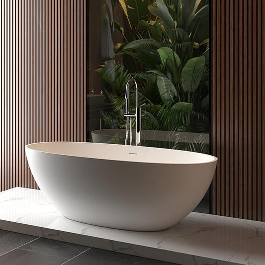 65" Resin Stone Freestanding Bathtub, Soaking Tub, Ergonomic Design, Easy Installation for Modern Spa Bathrooms, Matte White