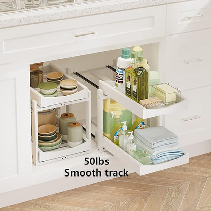 Bamboo Under Sink Organizer Adjustable Height 2 Tier Bathroom Organizer Pull Out Cabinet Storage Kitchen Heave Duty Wood Slide Ou Shelf for Kitchen Bathroom (White, 2 Packs)