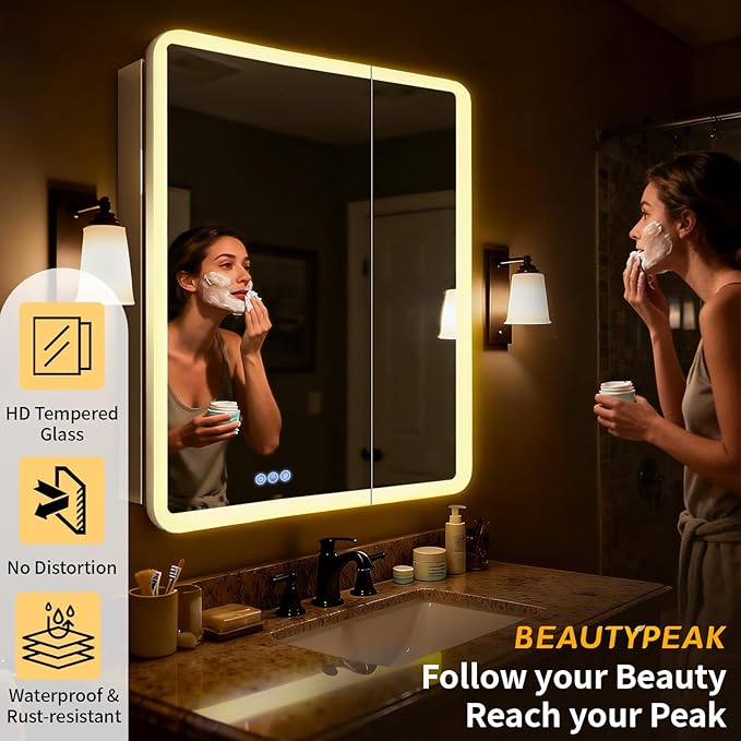 BEAUTYPEAK 30 x 32 LED Bathroom Medicine Cabinet Mirror, Adjustable Shelves, Silver Aluminum Cabinet, Anti-Fog Stepless Dimmable 3 Colors White/Natural/Warm, Easy to Install(Wall Mount/Recessed)
