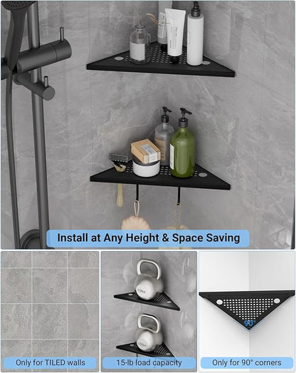 Matte Black Corner Shower Shelves 2-Pack, 10" 304 Stainless Steel Recessed Shelf for Bathroom, Grout in Corner Shelf Racks for Tiled Wall with Hooks and Razor Slot (Holds 15lbs)