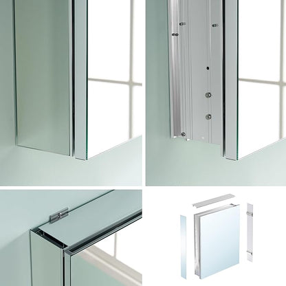 WELLFOR 20" x 30" Bathroom Medicine Cabinet, Anodized Chrome Aluminum Frame, Medicine Cabinet with Adjustable Glass Shelves, Bathroom Cabinet with Reverse Door Installation, Surface or Recessed Mount