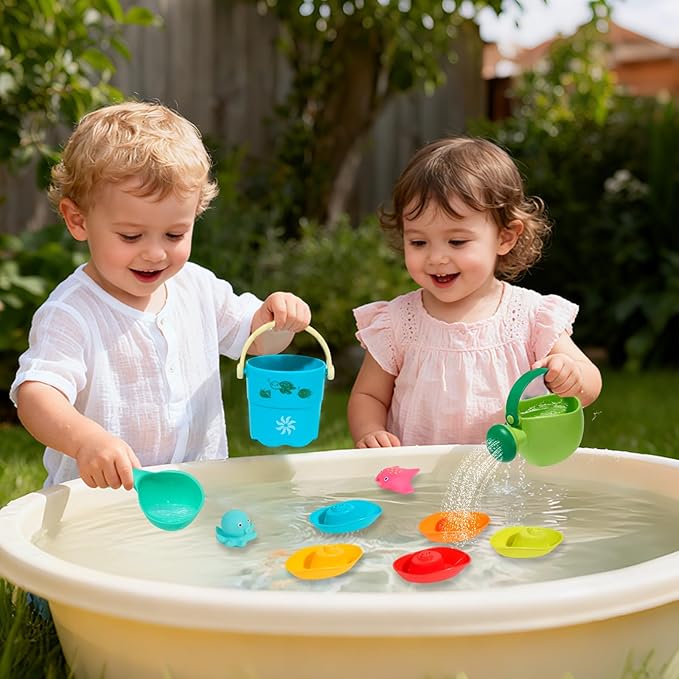 Mold Free Bath Toys, 17PCS | Safe Easy Clean & Fun Floating Boats & Rotating Waterfall Cups & Watering Can and No Hole Bath Toy for Babies 12+ Months | Bathtub Sand Beach Pool Water Toddler Toys