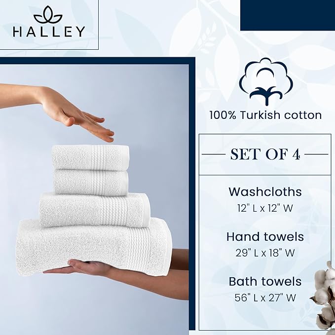 HALLEY Turkish Cotton Towels (4-Pack) Super Soft Quick Absorbent 100% Cotton Towels for Bathroom Kitchen 1 Bath Towel 1 Hand Towel 2 Washcloths (White)