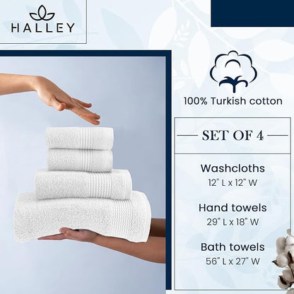 HALLEY Turkish Cotton Towels (4-Pack) Super Soft Quick Absorbent 100% Cotton Towels for Bathroom Kitchen 1 Bath Towel 1 Hand Towel 2 Washcloths (White)