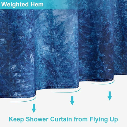 ORTIGIA 78 Inch Blue Misty Forest Shower Curtain for Bathroom, Nature Woodland Shower Curtain Set with Hooks, Decorative Pine Tree Fog Magic Bath Curtain, Waterproof Fabric, Weighted, 72x78