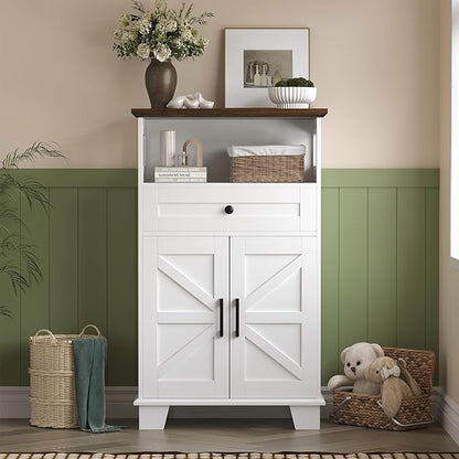 Farmhouse Bathroom Storage Cabinet with Drawer & Adjustable Shelves, White 23.6" Wide Freestanding Floor Cabinet, Barn Door, Sturdy Wood, for Kitchen, Entryway (23.6 * 11.8 * 39.3" (Floor))