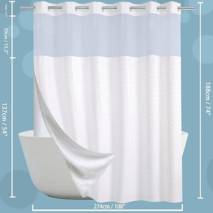 Conbo Mio Extra Wide No Hook Shower Curtain with Snap in Liner Set, 108" x 74" Hotel Luxury White Fabric Shower Curtains for Bathroom with See Through Top Window, Washable, Waterproof 108W x 74H