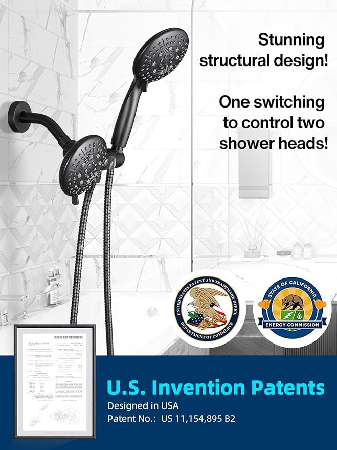 Cobbe Dual Handheld Shower Head Combo, Powerful Water-Saving Shower System 2 in 1 High Pressure Rainfall Shower Combo 48-Setting 3-Way Water Diverter with Anti-Swivel Lock Nut, 6 Spray Mode