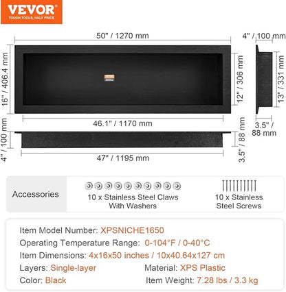VEVOR Shower Niche Ready for Tile 16" x 50", Single Shelf Organizer, Square Corners Wall-inserted Niche Recessed, Sealed Protection Modern Soap Storage Niche for Shower Bathroom, Black