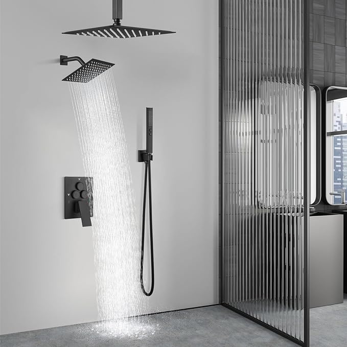 Aolemi Shower Faucet Set Ceiling Mount Shower System Rough-in Valve and Shower Trim Kit 12 and 6 Inch Dual Shower Head 2 in 1 Handheld Spray Push Button Diverter Matte Black