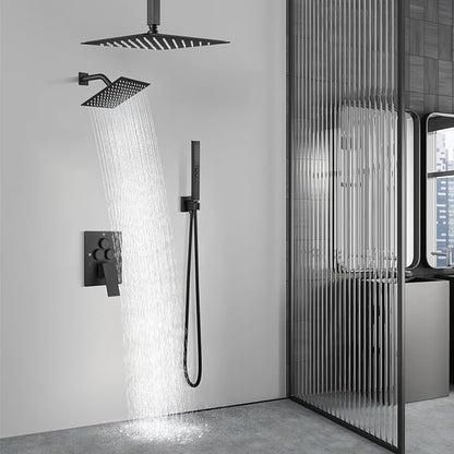 Aolemi Shower Faucet Set Ceiling Mount Shower System Rough-in Valve and Shower Trim Kit 12 and 6 Inch Dual Shower Head 2 in 1 Handheld Spray Push Button Diverter Matte Black
