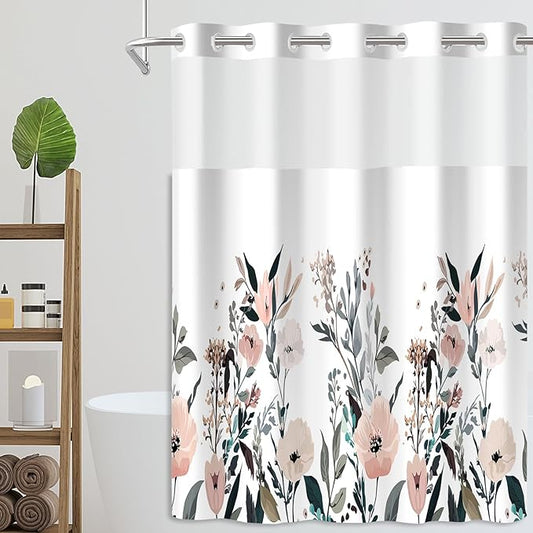 No Hook Shower Curtain Set with Snap in Fabric Liner for Bathroom,with See Through Top Window,Double Shower Curtain with Detachable Liner Replacement,Machine Washable,Chinese Rose,71"x 74"