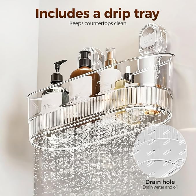 No-Drill Bathroom Suction Storage Box, Corrugated Suction Cup Storage Holder, Removable Hanging Basket, No Drilling Shelves Caddy, Ripple Acrylic Wall Shelf (Grey)