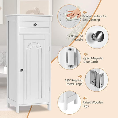 COSTWAY Bathroom Storage Cabinet, Single Door Floor Cabinet with Drawer and 3-Level Adjustable Shelves, Modern Side Storage Organizer with Anti-Tipping Device for Living Room, Bedroom (White)