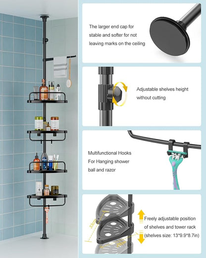 4 Layer Corner Shower Caddy, Stainless Steel Constant Tension Pole Shower Organizer, Adjustable Corner Shower Shelf, Rustproof 3.3 to 9.8 ft