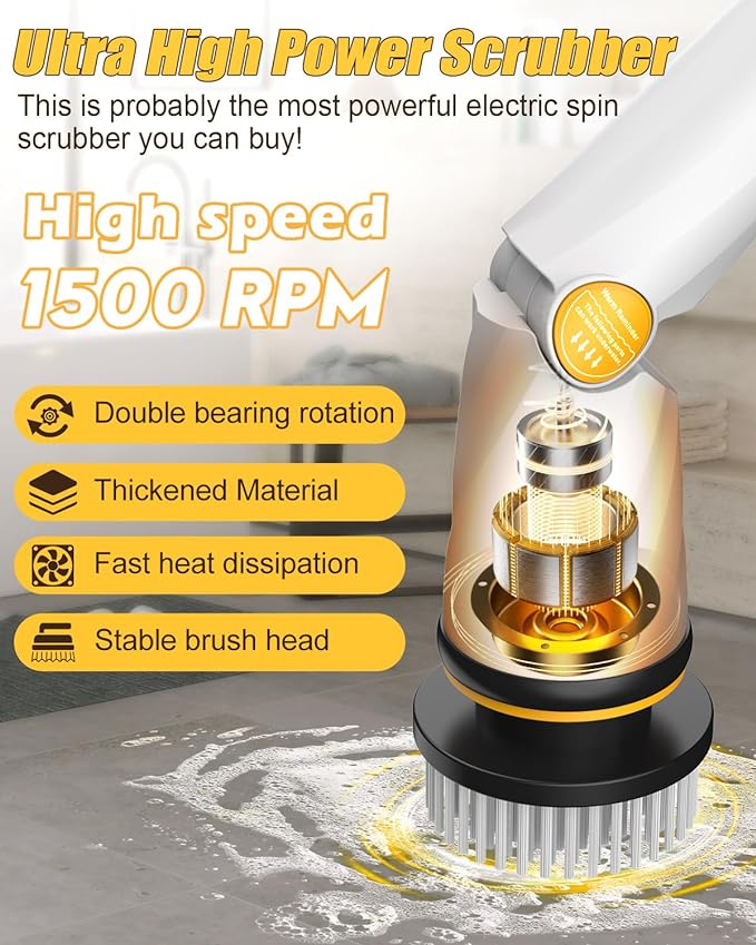 Qimedo Electric Spin Scrubber with Two Batteries Q2 Pro,1500 RPM High Power Electric Scrubber for Cleaning,Shower Cordless Cleaning Brush with Display for Tub/Tile/Floor (Effortless Handle/8 Brushes)