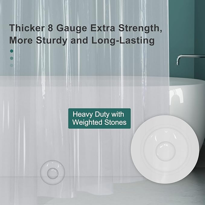 AmazerBath Plastic Shower Curtain Clear Premium PEVA, Clear Shower Curtain Heavy Duty 8G, Weighted Shower Curtains for Bathroom Accessories with 3 Big Stones and 12 Rustproof Grommets, 72x72 Inches