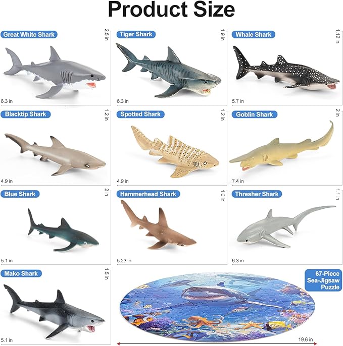 Shark Toys for Kids, 10PCS 5-8" Realistic Shark Figurines & 67PCS 20'' Large Sea Ocean Animals Jigsaw Puzzles Toys for Kids Ages 4-6, Birthday Party Favors & Gifts for Toddlers Boys Girls